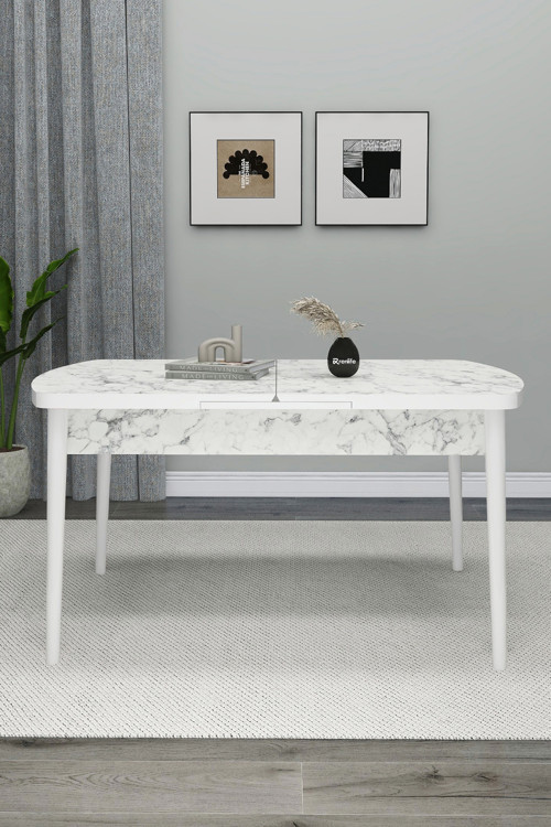 Açılır Yemek Masası Metal Ayaklı 6 Kişilik Masa Beyaz Mermer (Carrara)