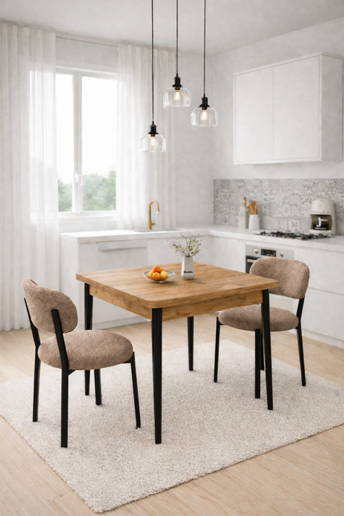 Ahşap Mutfak Masası Takımı Metal Ayaklı 2 Adet Antrasit Sandalye 70X70 Masa (2Kahve Çam )