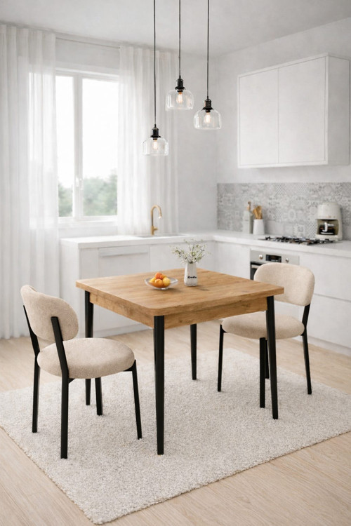 Ahşap Mutfak Masası Takımı Metal Ayaklı 2 Adet Antrasit Sandalye 70X70 Masa (2Krem Çam )