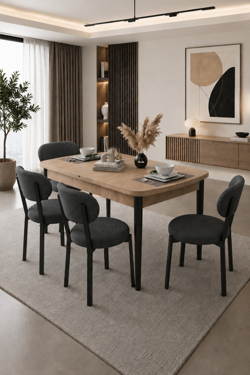 Açılır Yemek Masası Ve Sandalye Seti Metal Ayaklı | 4 Sandalye + 80X130 Masa (Sonomo Antrasit)