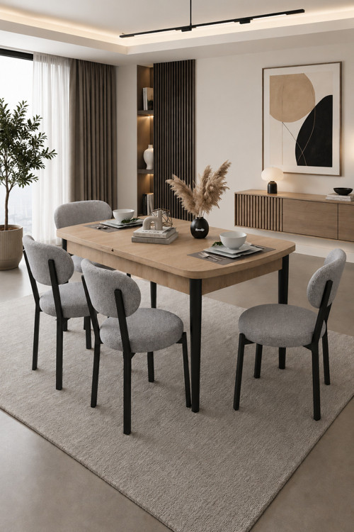 Açılır Yemek Masası Ve Sandalye Seti Metal Ayaklı | 4 Sandalye + 80X130 Masa (Sonomo Gri)