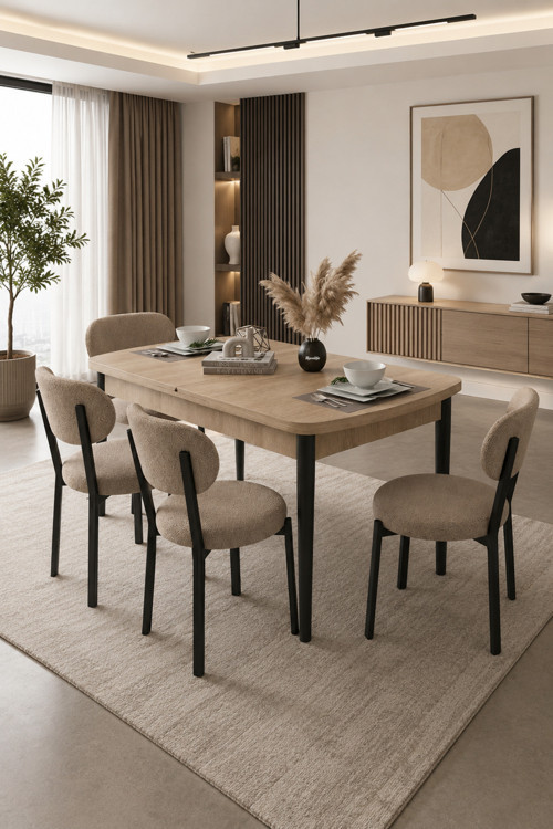 Açılır Yemek Masası Ve Sandalye Seti Metal Ayaklı | 4 Sandalye + 80X130 Masa (Sonomo Kahve)
