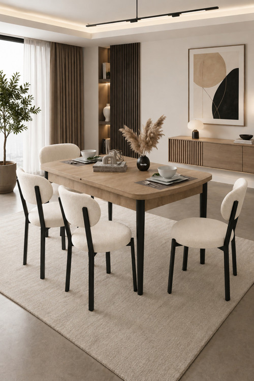 Açılır Yemek Masası Ve Sandalye Seti Metal Ayaklı | 4 Sandalye + 80X130 Masa (Sonomo Krem)