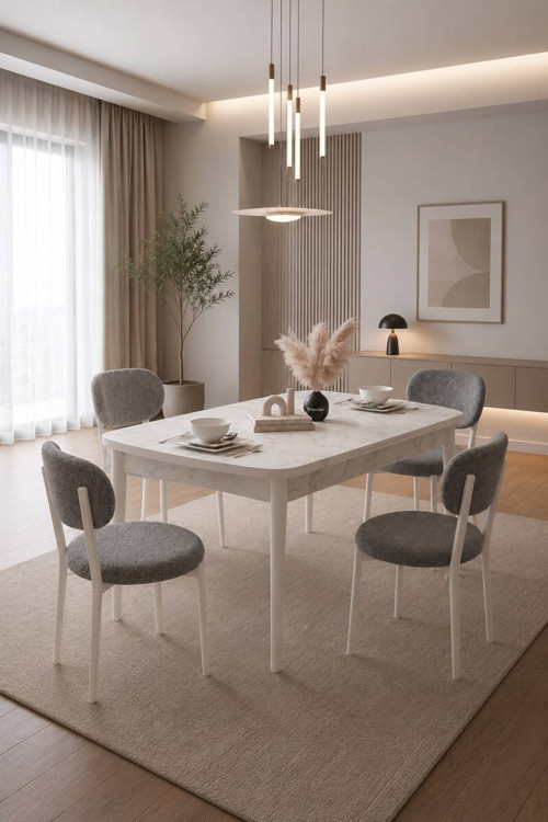 Açılır Yemek Masası Ve Sandalye Seti Metal Ayaklı | 4 Sandalye + 80X130 Masa (Beyaz Mermer Krem)
