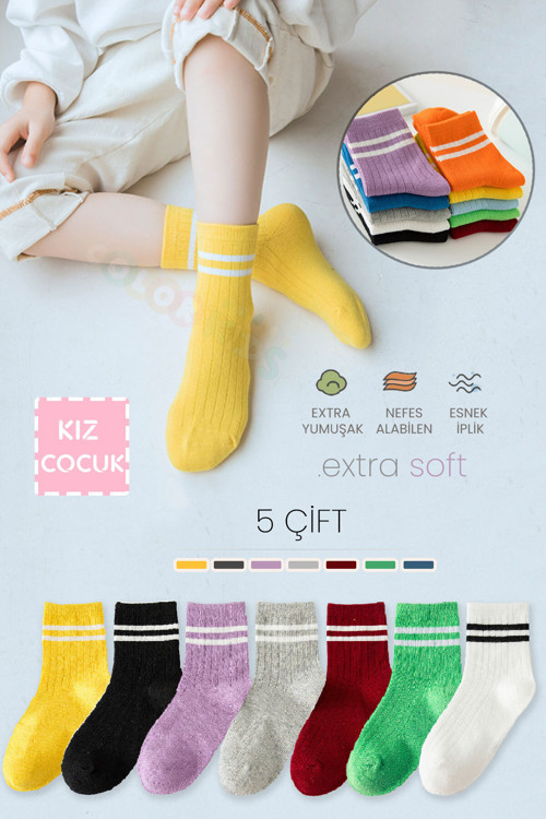 5 Çift Kız Çocuk Pastel Renkli Çemberli Çorap (Comfort Kids)