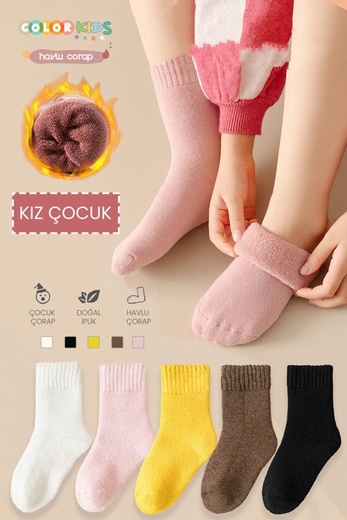 5 Çift Kışlık Kız Çocuk Havlu Çorap Seti (Isı Emici)
