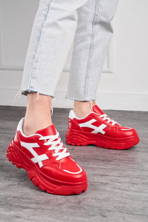 Günlük Kadın Sneaker Kalın Yüksek Taban Bağcıklı Rahat Tiger Şeritli Spor Ayakkabı 032