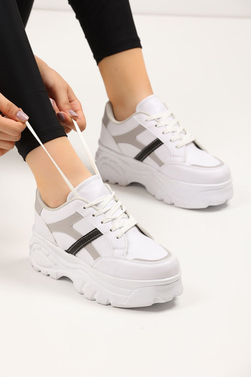 Günlük Kadın Sneaker Kalın Yüksek Taban Bağcıklı Rahat Tiger Şeritli Spor Ayakkabı 032