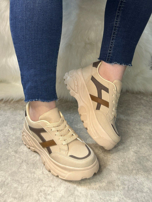 Günlük Kadın Sneaker Kalın Yüksek Taban Bağcıklı Rahat Tiger Şeritli Spor Ayakkabı 032