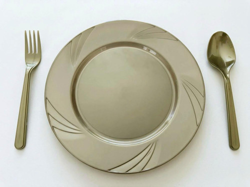 23 Cm. Plastik Mika Bronz Altın Sorfa Piknik Seti - 48 Kişilik Tabak Çatal Kaşık Takımı