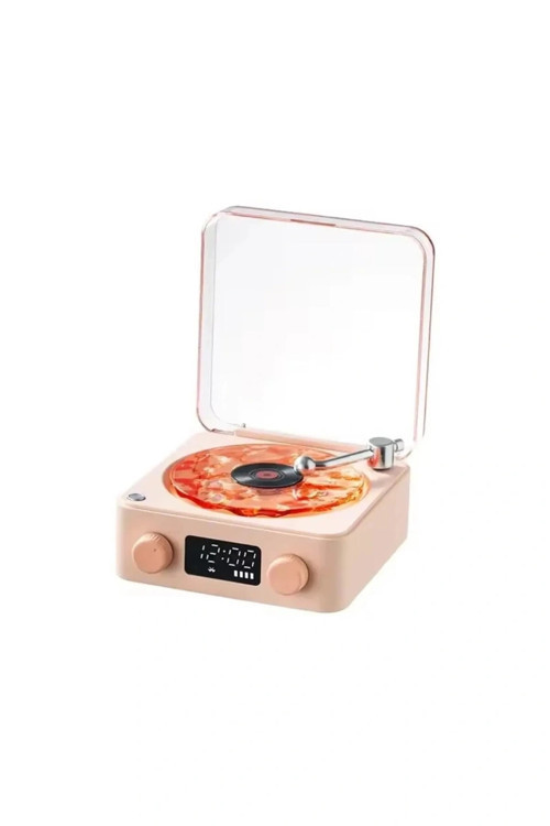 Wes Nostalji Plak Görünümlü Bluetooth Hoparlör 3d Ses Dalgası Retro Müzik Plak Pembe