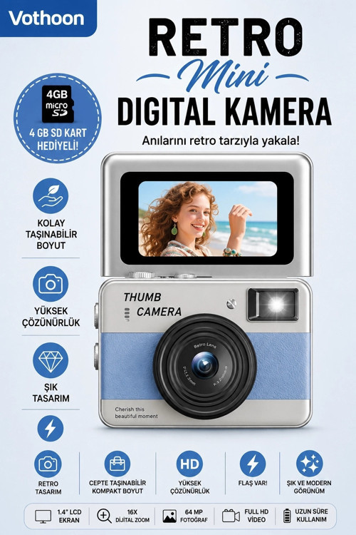 Retro Mini Dijital Kamera 1080p 1.47 İnç Flip Ekranlı Flaşlı Selfie Vlog Kamerası 4gb Sd Hediyeli Mi