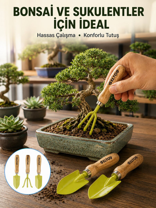 Saksı Bitkileri İçin Bahçe El Aleti Seti Ergonomik Ahşap Saplı - RFIOVS2470-8289