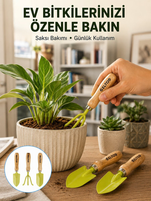 Ahşap Saplı Mini Bahçe El Aleti Seti Saksı ve Çiçek Bakım Seti - RFIOVS2443-8911