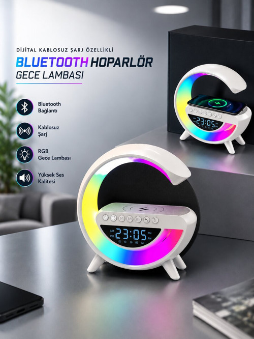 Bluetooth Hoparlör 15W Kablosuz Hızlı Şarj LED Gece Lambası - RFIOVS7995-6423