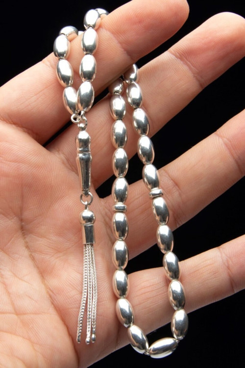 Erkek Hediyelik 6X10Mm Tamamı 925 Ayar Gümüş Tesbih