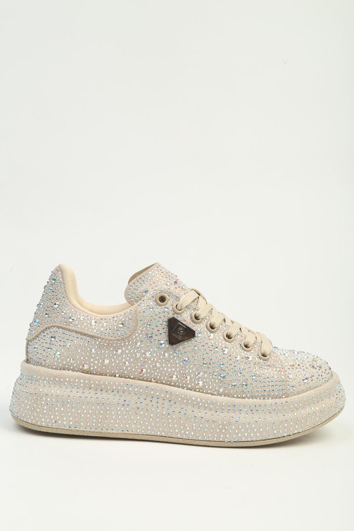 Kadın Bej Taşlı Kalın Platform Taban Sneaker Spor Ayakkabı PC-56196
