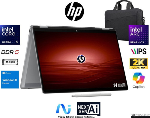 Omnibook Xflip 2-In-1 (Yeni Nesil Yapay Zeka) Intel Core Ultra 5 16GB Ram 1tb SSD 14" 2k IPS W11 Home+Kalem BS9X8EA Pres
