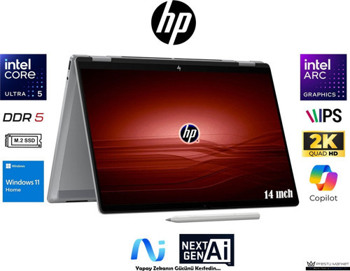 Omnibook Xflip 2-In-1 (Yeni Nesil Yapay Zeka) Intel Core Ultra 5 16GB Ram 1tb SSD 14" 2k IPS W11 Home+Kalem BS9X8EA Pres