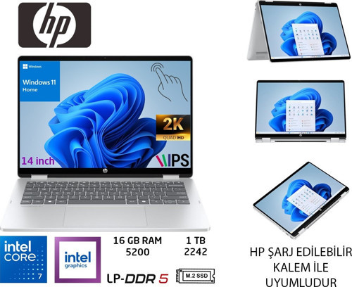 omnibook 5 Flip Intel Core 7 150U 16GB Lpddr5 5200 1tb SSD 14 Inç 2k IPS Ekran W11 Home BT0A0EA Duddi