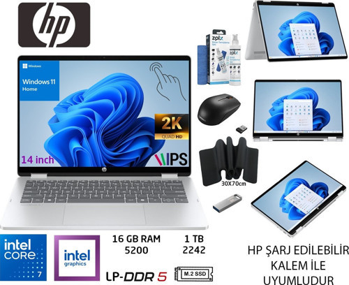 omnibook 5 Flip Intel Core 7 150U 16GB Lpddr5 5200 1tb SSD 14 Inç 2k IPS Ekran W11 Home BT0A0EA Duddi Mouse+Mousepad+Usb