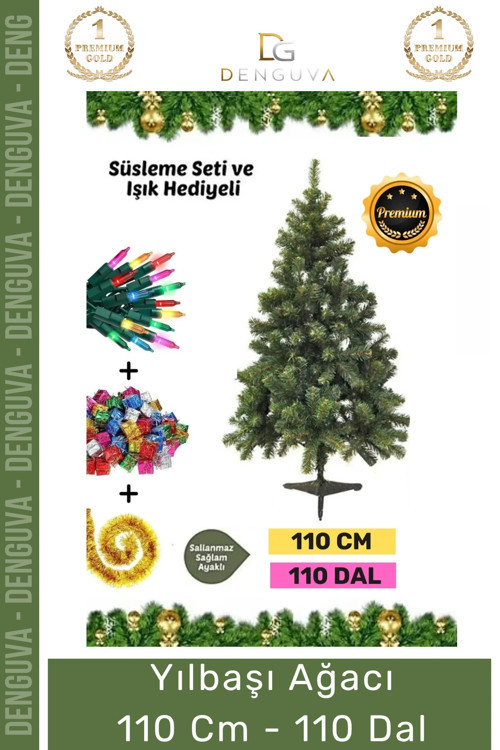 Premium Kutu Süsleme Seti Yılbaşı Çam Ağacı Renkli Işığı Yeni Yıl Süsleri Noel Paketi 110 Cm 110 Dal