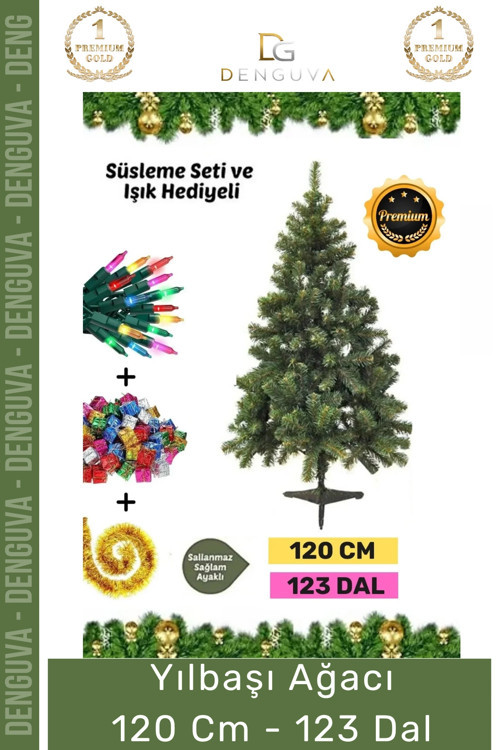 Premium Kutu Süsleme Seti Yılbaşı Çam Ağacı Renkli Işığı Yeni Yıl Süsleri Noel Paketi 120 Cm 123 Dal