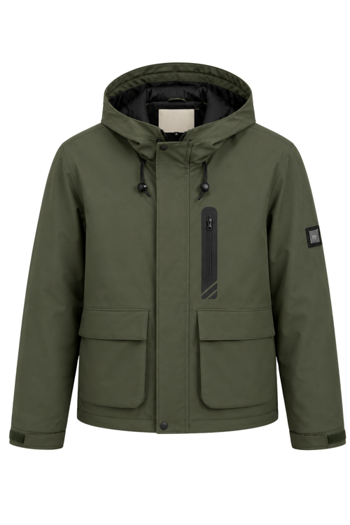 Erkek Yeşil Kışlık Mont Kapüşonlu Suya Dayanıklı Fermuarlı Çok Cepli Outdoor Mont&Kaban