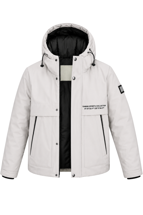 Erkek Beyaz Kapüşonlu Kışlık Mont Suya Dayanıklı Fermuarlı Çıtçıtlı Cepli Outdoor Mont
