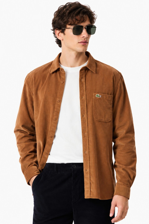 Men's Regular Fit Button-Down Cotton Shirt Erkek Düğmeli Yaka Pamuklu Kadife Gömlek Sütlü Kahverengi