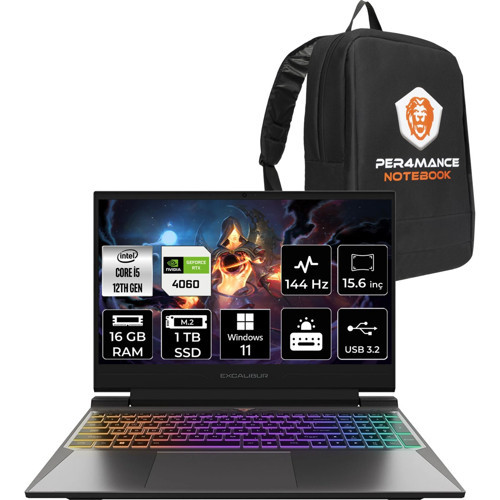 Excalibur Intel Core I5 12450H 16GB 1tb SSD RTX4060/8GB 15.6" Fhd 144Hz W11P Taşınabilir Bilgisayar G870.1245-DFB0X-B &