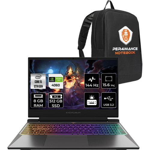 Excalibur Intel Core I5 12450H 8gb 512GB SSD RTX4060/8GB 15.6" Fhd 144Hz Fdos Taşınabilir Bilgisayar G870.1245-DFB0X-B &