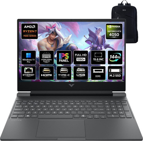 Victus 15-FB3038NT BX9U9EA 6gb RTX4050 Amd Ryzen 7 7445H 24GB Ram 512GB SSD 15.6 Inç Fhd 144Hz Windows 11 Pro Taşınabili