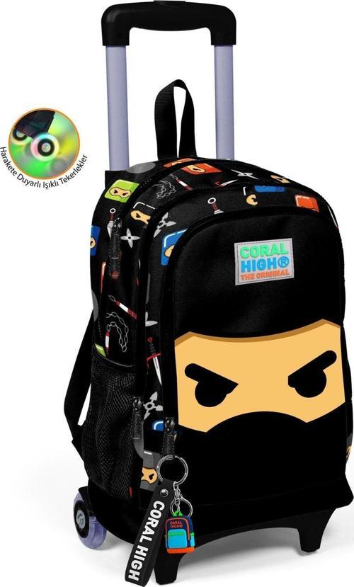 Kids Siyah Ninja Desenli Üç Bölmeli Çekçekli Okul Sırt Çantası 23381
