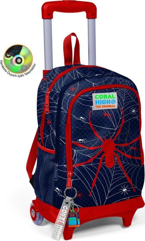 Kids Lacivert Kırmızı Örümcek Desenli Üç Bölmeli Çekçekli Okul Sırt Çantası 23920