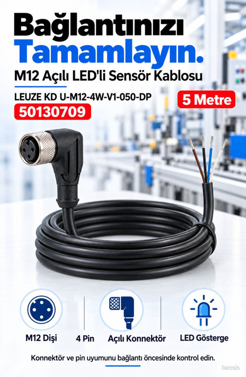 KD U-M12-4W-V1-050-DP M12 açılı LED’li sensör bağlantı kablosu 50130709
