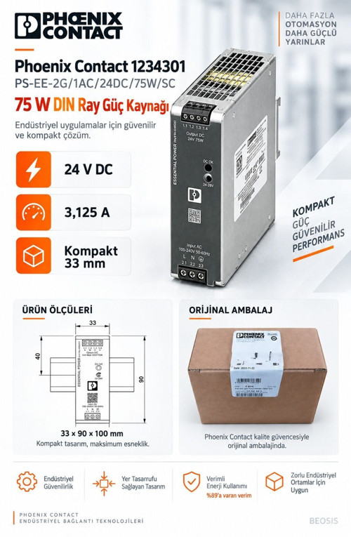1234301 PS-EE-2G/1AC/24DC/75W/SC 24 V DC 3,125 A DIN Ray Güç Kaynağı