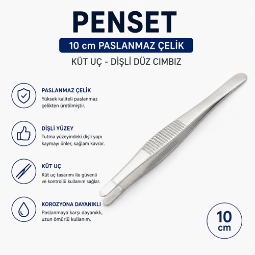 Penset 10 cm Paslanmaz Çelik - Küt Uç Dişli Düz Cımbız