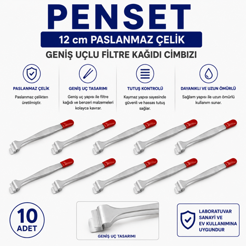 Penset 12 cm Paslanmaz Çelik - Geniş Uçlu Filtre Kağıdı Cımbızı 10 Adet