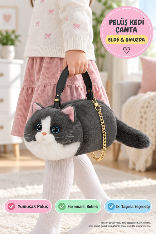 Kedi Çocuk El Çantası B&D Gri Peluş Omuz Askılı Fermuarlı 31 x 13 x 17 cm