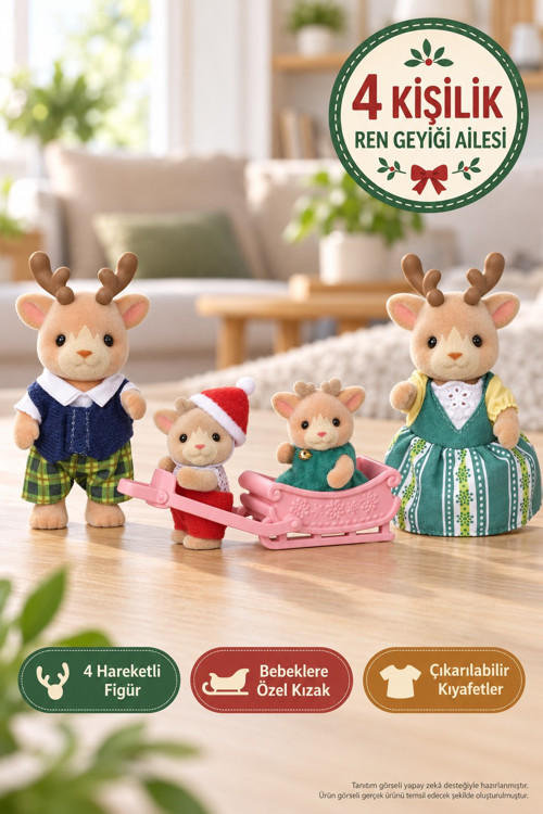 Sylvanian Families Ren Geyiği Ailesi 4 Figürlü Kızaklı Oyuncak Aile Seti 3-8 cm