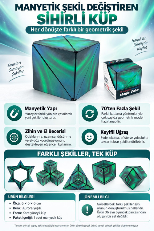 Manyetik Şekil Değiştiren Sihirli Küp Zeka Oyuncağı Stres Oyuncağı Aurora Yeşil 6x6x6 cm