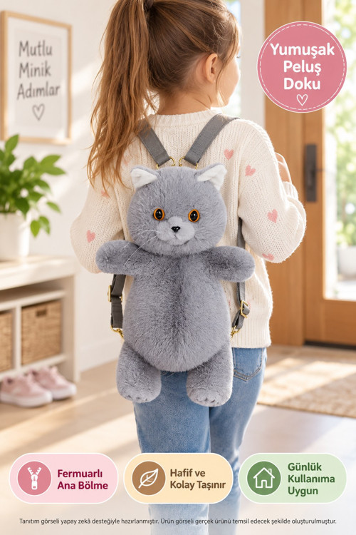 Kedi Sırt Çantası B&D Peluş Gri Çocuk Çantası Fermuarlı Hafif Sevimli Model 31 x 13 x 17 cm