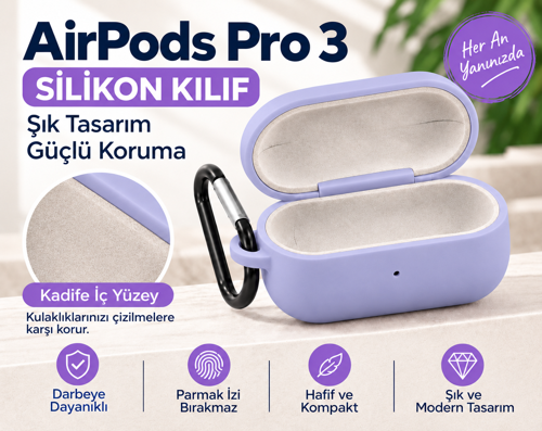 AirPods Pro 3 Kılıf İçi Kadife Silikon Kancalı Koruyucu Kılıf Kaymaz Darbe ve Çizilme Korumalı