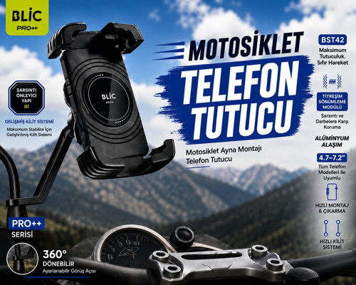 PRO++ BST42 Motosiklet Telefon Tutucu 360° Dönebilen Darbe Sönümleyici Ayna Bağlantılı Motorsiklet Telefon Tutucu