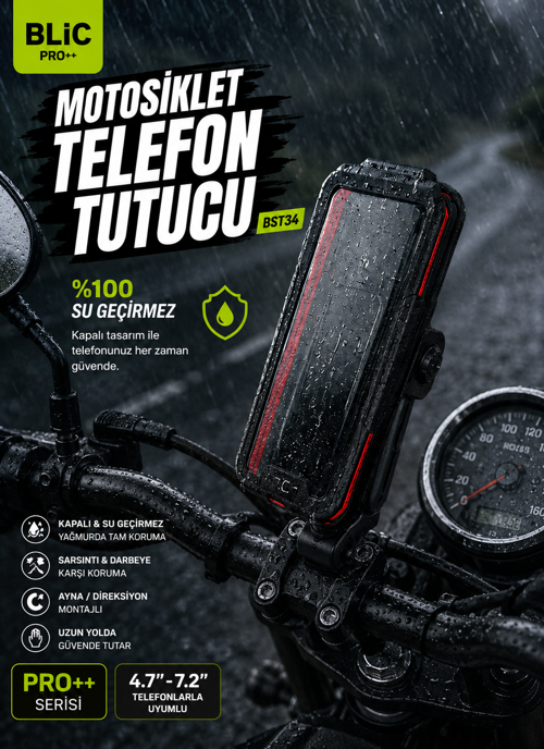PRO++ BST34 Motosiklet Telefon Tutucu Suya Dayanıklı Kapalı Kılıflı 360° Döner Hızlı Çıkar Tak Gidon ve Ayna Bağlantılı