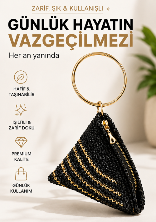 Siyah Çizgili El Örgüsü Kadın Bileklik Çanta Gold Halka Saplı Fermuarlı Mini El Çantası Şık Davet Çantası