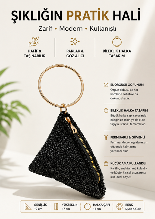 Siyah El Örgüsü Kadın Bileklik Çanta Gold Halka Saplı Fermuarlı Mini El Çantası Şık Davet Çantası