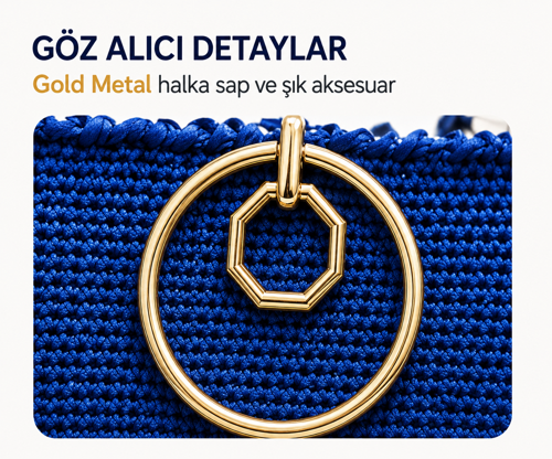 Kadın El Örgüsü Çanta Gold Halka Saplı Gece Mavisi El Çantası Günlük Şık Örgü Omuz Çantası
