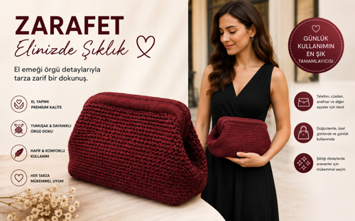 Kadın Örgü El Çantası Clutch Portföy Abiye Çanta El Yapımı Şık Günlük ve Davet Çantası Kızıl Kahve